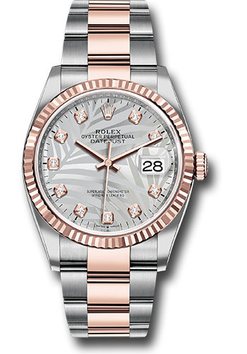Rolex Everose Rolesor Datejust 36 Watch - Fluted Bezel - Silver Palm Motif Diamond Dial - Oyster Bracelet