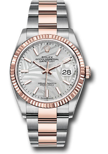 Rolex Everose Rolesor Datejust 36 Watch - Fluted Bezel - Silver Palm Motif Index Dial - Oyster Bracelet