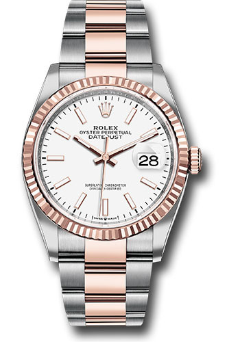 Rolex Steel and Everose Rolesor Datejust 36 Watch - Fluted Bezel - White Index Dial - Oyster Bracelet