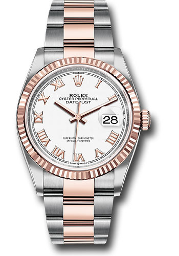 Rolex Steel and Everose Rolesor Datejust 36 Watch - Fluted Bezel - White Roman Dial - Oyster Bracelet