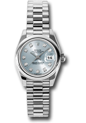 Rolex Platinum Lady-Datejust 26 Watch - Domed Bezel - Glacier Blue Diamond Dial - President Bracelet