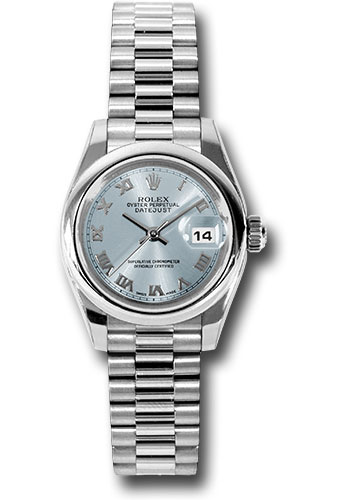 Rolex Platinum Lady-Datejust 26 Watch - Domed Bezel - Glacier Blue Roman Dial - President Bracelet