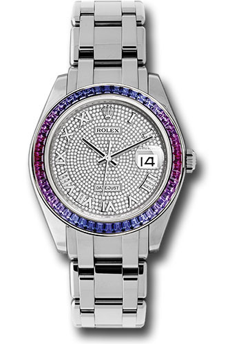Rolex White Gold Datejust Pearlmaster 39 Watch - 48 Blue To Fuchsia Pink Gradient Baguette-Cut Sapphires Bezel - 18K White Gold Diamond Paved Dial