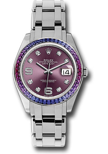 Rolex White Gold Datejust Pearlmaster 39 Watch - 48 Blue To Fuchsia Pink Gradient Baguette-Cut Sapphires Bezel - Red Grape Diamond Dial