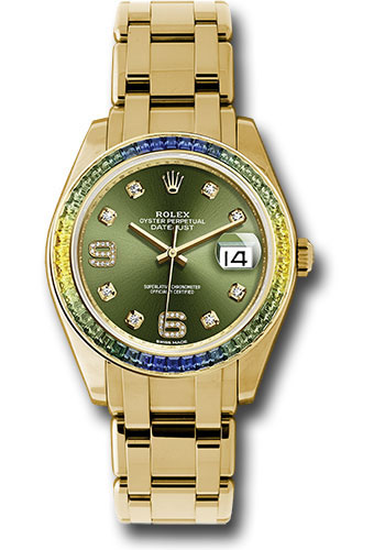 Rolex Yellow Gold Datejust Pearlmaster 39 Watch - 48 Blue To Green Gradient Baguette-Cut Sapphires Bezel - Olive Green Diamond Dial