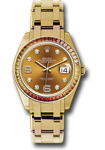 Rolex Yellow Gold Datejust Pearlmaster 39 Watch - 48 Orange To Yellow Gradient Baguette-Cut Sapphires Bezel - Cognac Diamond Dial