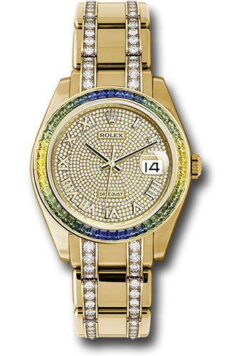 Rolex Yellow Gold Datejust Pearlmaster 39 Watch - 48 Blue To Green Gradient Baguette-Cut Sapphires Bezel - 18K Yellow Gold Diamond Paved Dial