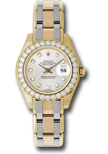 Rolex Yellow Gold Lady-Datejust Pearlmaster 29 Watch - 32 Diamond Bezel - Silver Diamond Dial