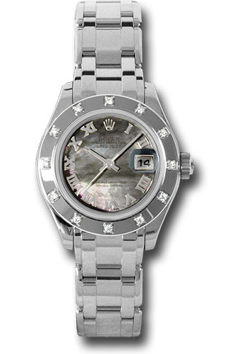 Rolex White Gold Lady-Datejust Pearlmaster 29 Watch - 12 Diamond Bezel - Dark Mother-Of-Pearl Roman Dial