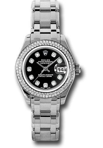 Rolex White Gold Lady-Datejust Pearlmaster 29 Watch - 116 Diamond Bezel - Black Diamond Dial