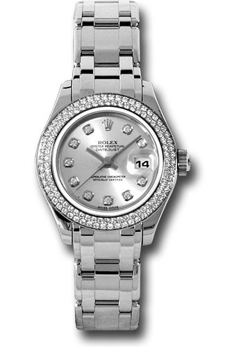 Rolex White Gold Lady-Datejust Pearlmaster 29 Watch - 116 Diamond Bezel - Silver Diamond Dial
