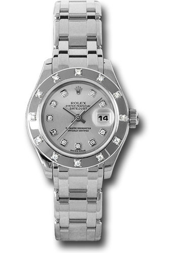 Rolex White Gold Lady-Datejust Pearlmaster 29 Watch - 12 Diamond Bezel - Silver Diamond Dial