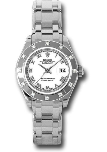 Rolex White Gold Lady-Datejust Pearlmaster 29 Watch - 12 Diamond Bezel - White Roman Dial