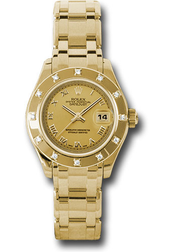 Rolex Yellow Gold Lady-Datejust Pearlmaster 29 Watch - 12 Diamond Bezel - Champagne Roman Dial