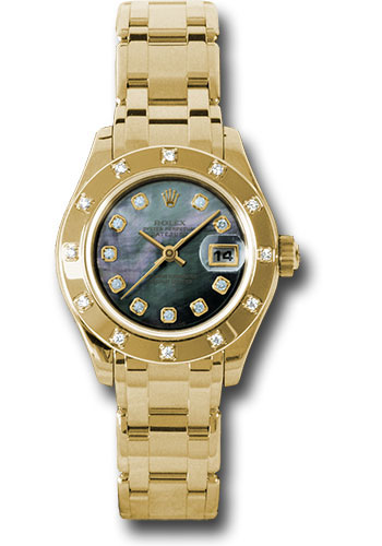 Rolex Yellow Gold Lady-Datejust Pearlmaster 29 Watch - 12 Diamond Bezel - Dark Mother-Of-Pearl Diamond Dial