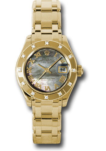 Rolex Yellow Gold Lady-Datejust Pearlmaster 29 Watch - 12 Diamond Bezel - Dark Mother-Of-Pearl Roman Dial