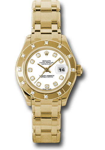 Rolex Yellow Gold Lady-Datejust Pearlmaster 29 Watch - 12 Diamond Bezel - White Diamond Dial