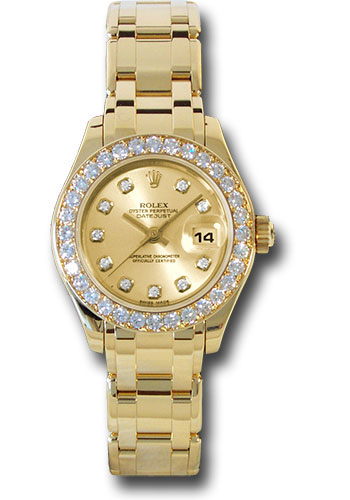 Rolex Yellow Gold Lady-Datejust Pearlmaster 29 Watch - 32 Diamond Bezel - Champagne Diamond Dial