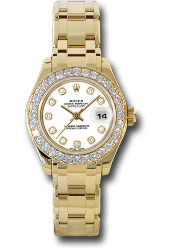 Rolex Yellow Gold Lady-Datejust Pearlmaster 29 Watch - 32 Diamond Bezel - White Diamond Dial