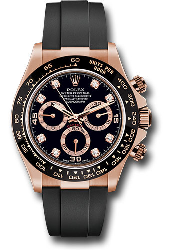 Rolex Everose Gold Cosmograph Daytona 40 Watch - Black Diamond Dial - Black Oysterflex Strap