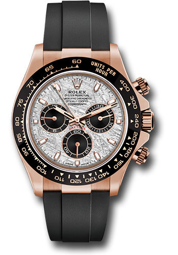 Rolex Everose Gold Cosmograph Daytona 40 Watch - Meteroite and Black Index Dial - Black Oysterflex Strap