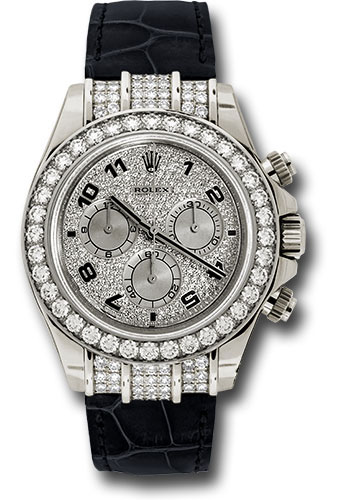 Rolex White Gold Cosmograph Daytona 40 Watch - Pave Diamond Enamel Arabic Dial - Black Leather Strap