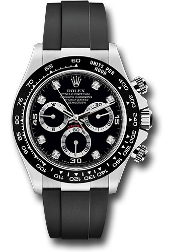 Rolex White Gold Cosmograph Daytona 40 Watch - Black Diamond Dial - Black Oysterflex Strap