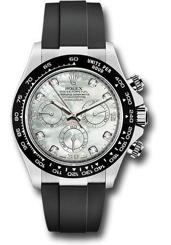 Rolex White Gold Cosmograph Daytona 40 Watch - Mother-of-Pearl Diamond Dial - Black Oysterflex Strap