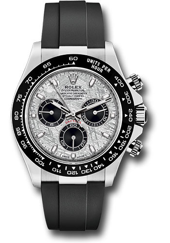 Rolex White Gold Cosmograph Daytona 40 Watch - Meteroite and Black Index Dial - Black Oysterflex Strap