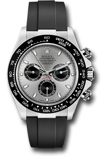 Rolex White Gold Cosmograph Daytona 40 Watch - Steel Index Dial - Black Oysterflex Strap