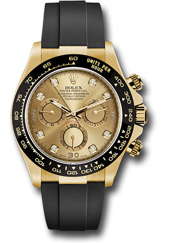 Rolex Yellow Gold Cosmograph Daytona 40 Watch - Champagne Diamond Dial - Black Oysterflex Strap