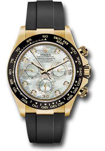 Rolex Yellow Gold Cosmograph Daytona 40 Watch - White Mother-Of-Pearl Diamond Dial - Black Oysterflex Strap