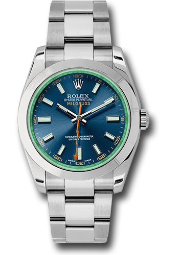 Rolex Steel Milgauss Watch - Blue Dial With Green Crystal