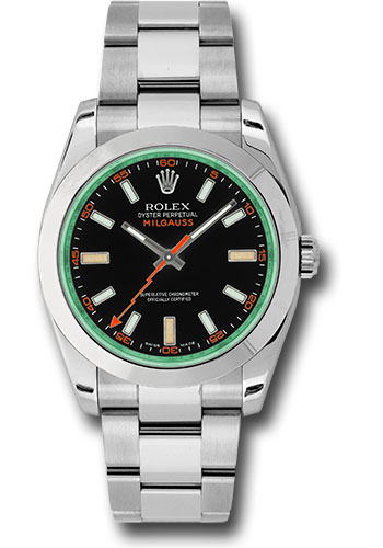Rolex Steel Milgauss Watch - Black Dial With Green Crystal