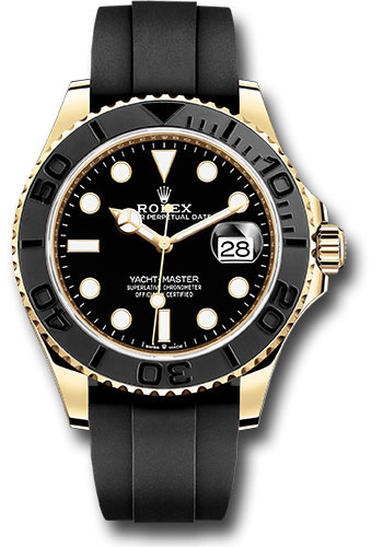 Rolex Yellow Gold Yacht-Master 42 Watch - Bidirectional Rotatable 60-Minute Graduated Bezel With Matt Black Cerachrom Insert In Ceramic, Polished Raised Numerals And Graduations Bezel - Black Dial - Oysterflex Strap