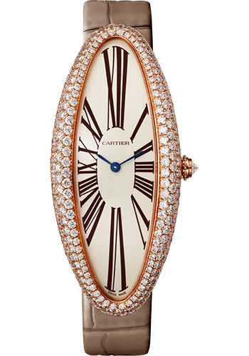Cartier Baignoire Allongée Watch - 52 mm Pink Gold Diamond Case - Taupe Strap