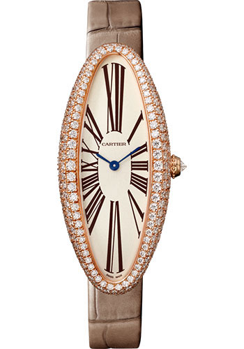 Cartier Baignoire Allongée Watch - 47 mm Pink Gold Diamond Case - Taupe Strap