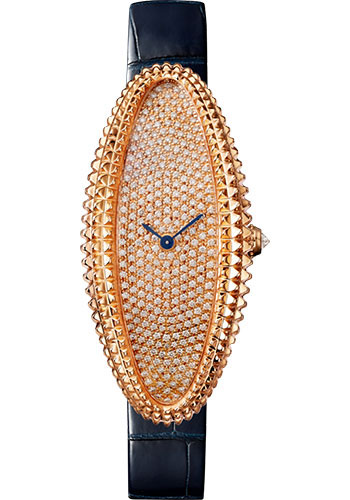 Cartier Baignoire Allongée Watch - 47 mm Pink Gold Case - Diamond Dial - Midnight Blue Strap