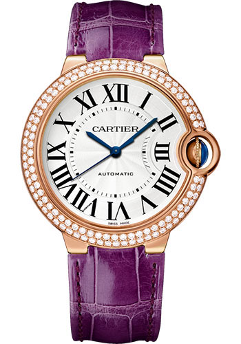 Cartier Ballon Bleu de Cartier Watch - 36 mm Pink Gold Diamond Case - Purple Patent Alligator Strap