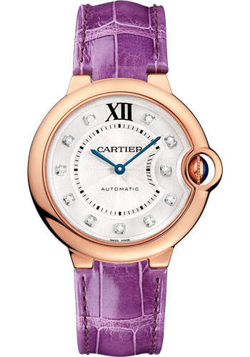 Cartier Ballon Bleu de Cartier Watch - 36 mm Pink Gold Case - Diamond Dial - Purple Alligator Strap