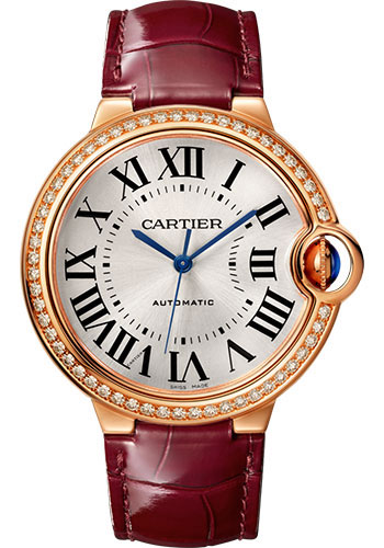 Cartier Ballon Bleu de Cartier Watch - 36 mm Pink Gold Case - Diamond Bezel - Burgundy Alligator Strap