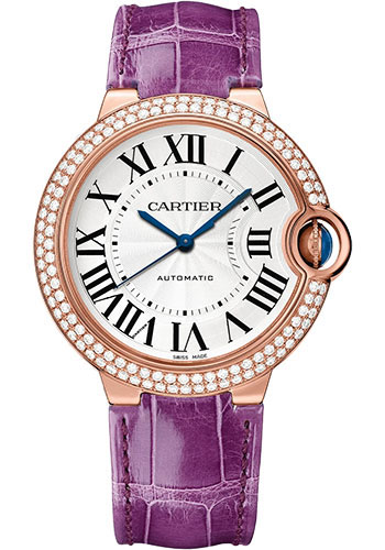Cartier Ballon Bleu de Cartier Watch - 36 mm Rose Gold Diamond Case - Opaline Dial - Purple Alligator Strap