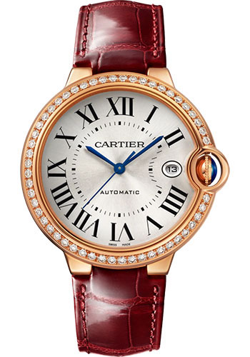 Cartier Ballon Bleu de Cartier Watch - 40 mm Rose Gold Diamond Case - Silvered Dial - Burgundy Alligator Strap