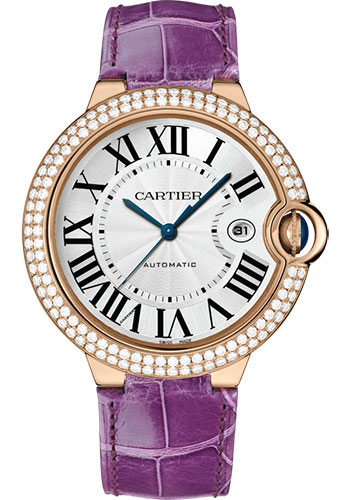 Cartier Ballon Bleu de Cartier Watch - 42 mm Yellow Gold Diamond Case - White Dial - Purple Alligator Strap