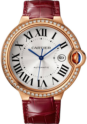 Cartier Ballon Bleu de Cartier Watch - 42 mm Pink Gold Case - Diamond Bezel - Burgundy Alligator Strap