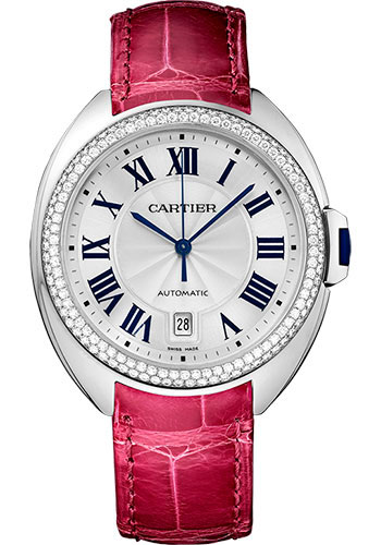 Cartier Clé De Cartier Watch - 40 mm White Gold Diamond Case - Diamond Bezel - Silver Dial - Fuchsia Pink Alligator Strap