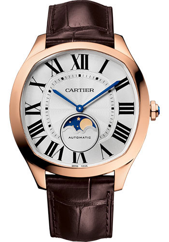 Cartier Drive de Cartier Moon Phases Watch - 40 mm Pink Gold Case - Silvered Dial - Brown Alligator Strap