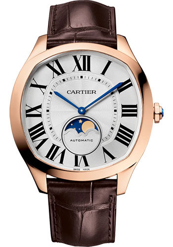 Cartier Drive de Cartier Moon Phases Watch - 40 mm x 41 mm Rose Gold Case - Silvered Dial - Brown Alligator Strap