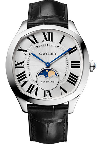 Cartier Drive de Cartier Moon Phases Watch - 40 mm Steel Case - Silvered Dial - Black Alligator Strap