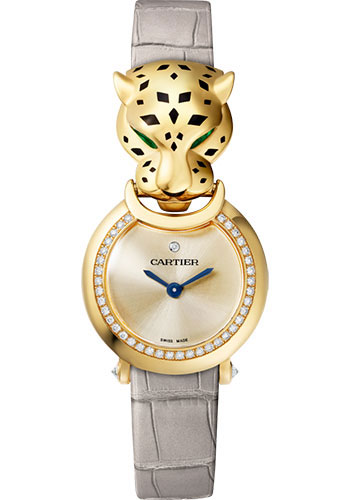 Cartier Panthère de Cartier Watch - 22 mm Yellow Gold Diamond Case - Gold Dial - Gray Leather Strap